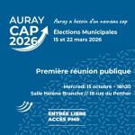 Flyer Auray Cap 2026 annonçant la première réunion publique le mercredi 15 octobre à 18h30, salle Hélène Branche à Auray. Entrée libre et accès PMR.